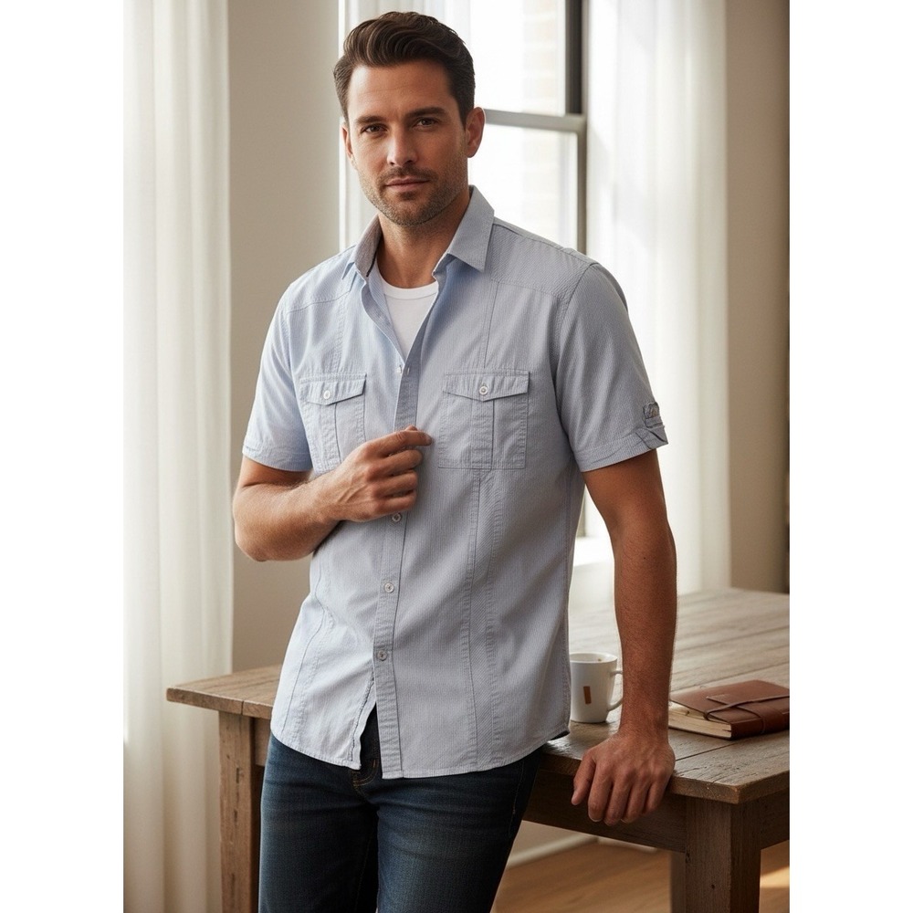 inc international concepts mens shirt  Gray Blue Textured Short Sleeve Large